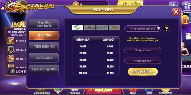 Nạp tiền 68 game bài bằng thẻ cào nhanh chóng